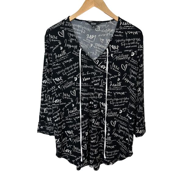 Slim Factor Womens Top Size M Pullover‎ V Neck Drawstring Love Graphic Print - Picture 1 of 10